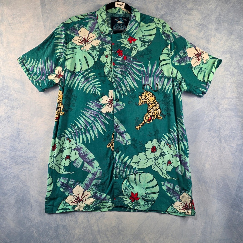 Life Is A Beach Drill‎ Clothing Co Mens Tiger Tropical Hibiscus Viscose Shirt M